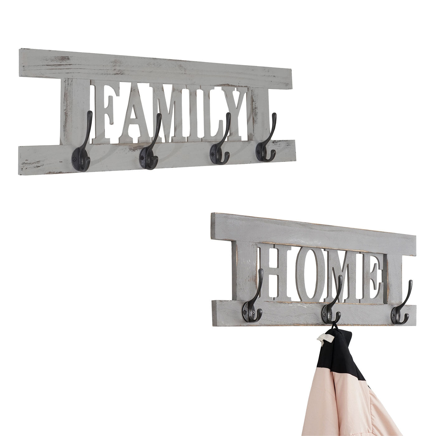 2-delige wandkapstokset MCW-C60 Home+Family kapstokpaneel, shabby look vintage ~ grijs, shabby