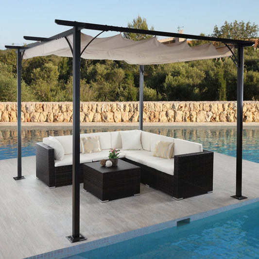 Pergola MCW-C42, tuinpaviljoen, stevig 6cm frame + schuifdak ~ 3,5x3,5m crème