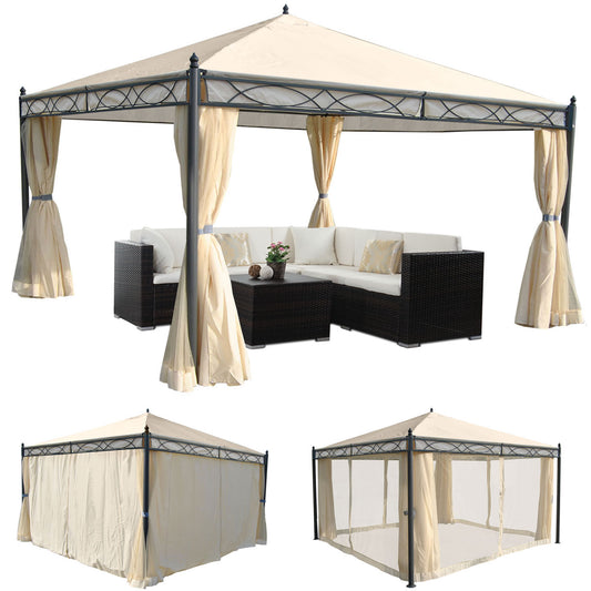 Pergola Cadiz, tuinpaviljoen, stevig 7cm frame met zijwand + muggengaas ~ crème 4x4m