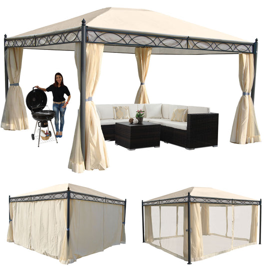Pergola Cadiz, tuinpaviljoen, stevig 7cm frame met zijwand + muggengaas ~ crème 4x3m