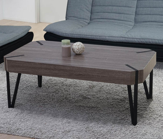 Kos T573 salontafel, woonkamertafel, 43x110x60cm MVG-gecertificeerd ~ Donker eiken, donker metalen poten