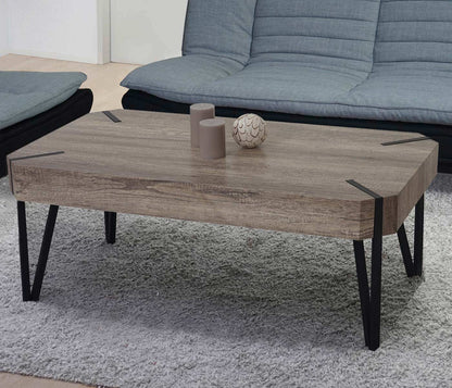 Kos T573 salontafel, woonkamertafel, 43x110x60cm MVG-gecertificeerd ~ wild eiken, donker metalen poten