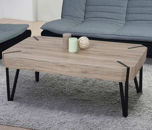 Kos T573 salontafel, woonkamertafel, 43x110x60cm MVG-gecertificeerd ~ Sanremo eiken look, donker metalen poten