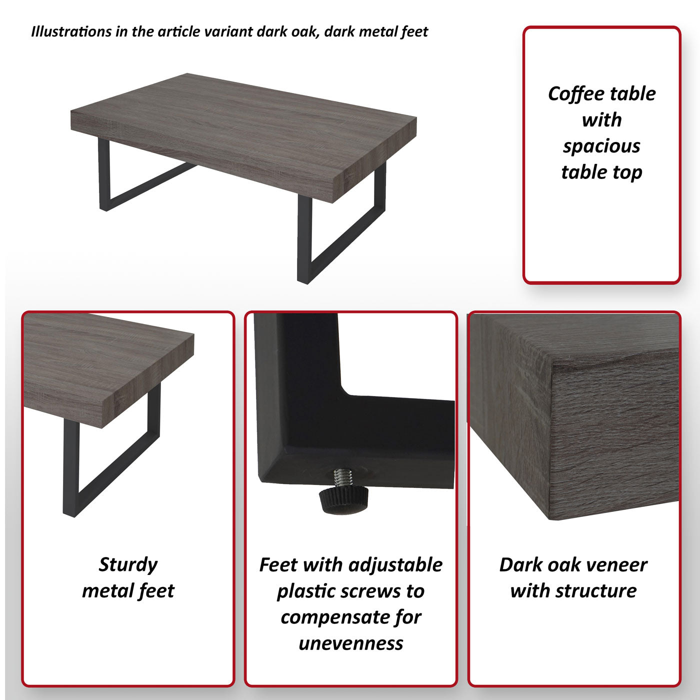 Kos T576 salontafel, woonkamertafel, 40x110x60cm MVG-gecertificeerd ~ Donker eiken, donker metalen poten