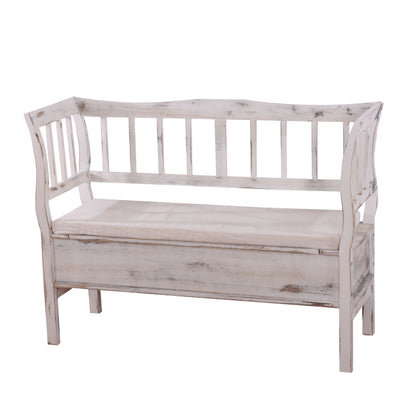 Bank T207, bankkist houten bank opbergkist, opbergvak kussen hout 119cm ~ wit, shabby