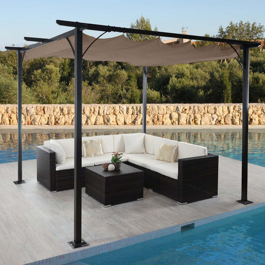 Pergola MCW-C42, tuinpaviljoen, stevig 6cm frame + schuifdak ~ 3,5x3,5m taupe-bruin