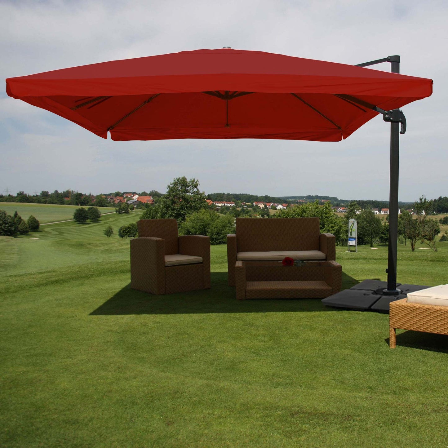 Zweefparasol MCW-A96, parasol, 3x4m (Ø5m) polyester/aluminium 26kg ~ klep, bordeaux met voet