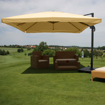 Zweefparasol MCW-A96, horeca, 3x3m (Ø4,24m) polyester aluminium/staal 23kg ~ Flap, crème met voet, draaibaar