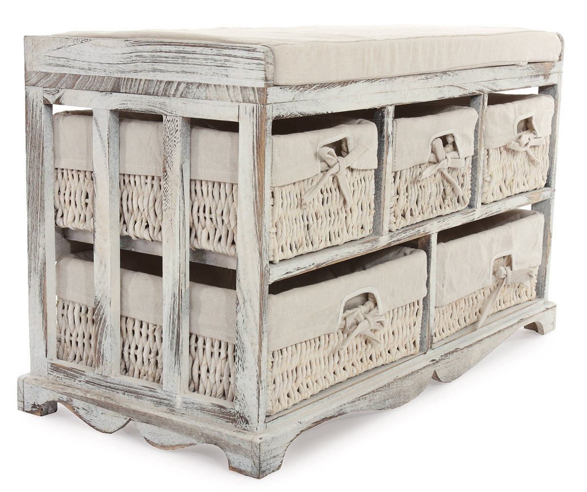 Ladekast en bank met 5 laden, 45x77x36cm, shabby look, vintage ~ wit