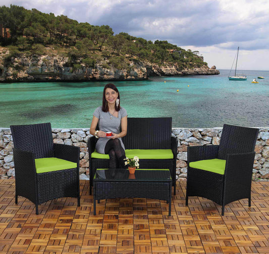 2-1-1 Poly-rattan tuinset Halden, zitgroep loungeset bank ~ antraciet, kussens groen