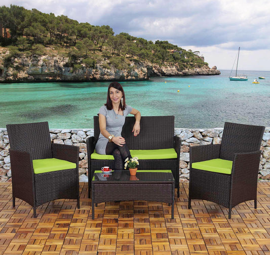 2-1-1 Poly-rattan tuinset Halden, zitgroep loungeset bank ~ bruin-gemêleerd, kussens groen