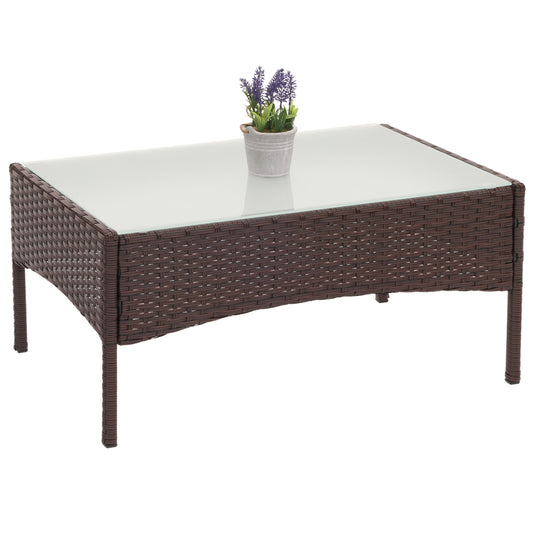 Poly-rattan tuintafel Halden, bijzettafel met glazen blad ~ bruin-gemarmerd