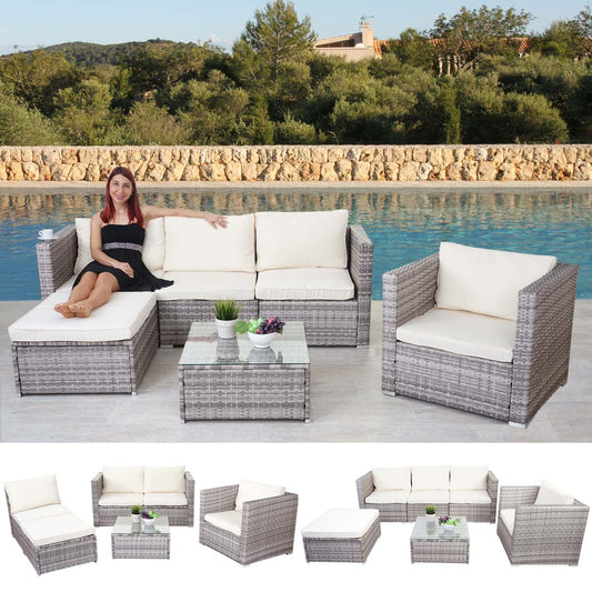 Poly rotan set Brescia, tuinset loungeset ~ grijs, kussens crème