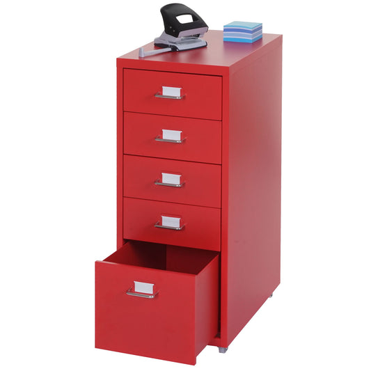 Trolley kast Boston T851, stalen ladekast, 69x28x41cm 5 laden ~ rood
