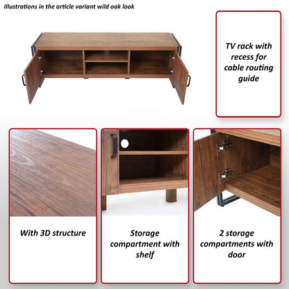 TV-rek MCW-A27, TV-tafel lowboard ladekast, 3D structuur metaal 45x140x40cm ~ Wild eiken look