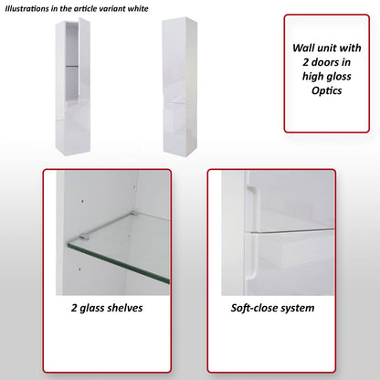Wandkast MCW-B19, midikast hoge kast badkamermeubel, hoogglans 150x30cm ~ zwart