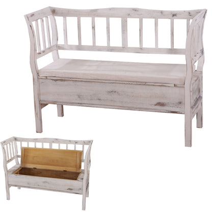 Bank T207, bankkist houten bank opbergkist, opbergvak kussen hout 119cm ~ wit, shabby