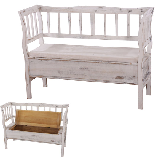 Bank T207, bankkist houten bank opbergkist, opbergvak kussen hout 119cm ~ wit, shabby