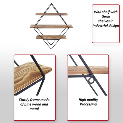 Wandplank MCW-A80, hangende plank, industrieel ontwerp, echt hout 60x55x12cm ~ bruin