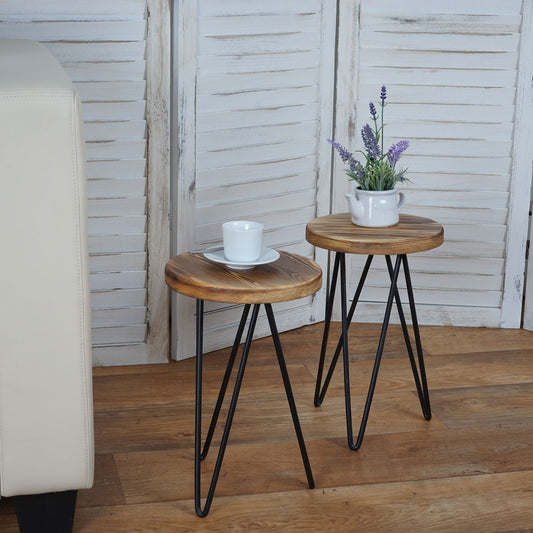 Set van 2 bijzettafels MCW-A80, nachtkastje salontafel, industrieel echt hout MVG-gecertificeerd Ø25cm ~ natuurlijke kleur