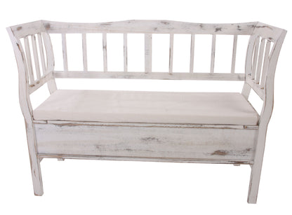 Bank T207, bankkist houten bank opbergkist, opbergvak kussen hout 119cm ~ wit, shabby