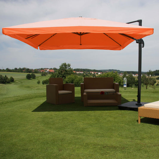Zweefparasol MCW-A96, parasol catering 3x3m (Ø4.24m) polyester/aluminium 23kg ~ Flap, terracotta met voet