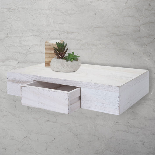 Wandplank Oise, hangplank met lade, 40cm ~ wit shabby