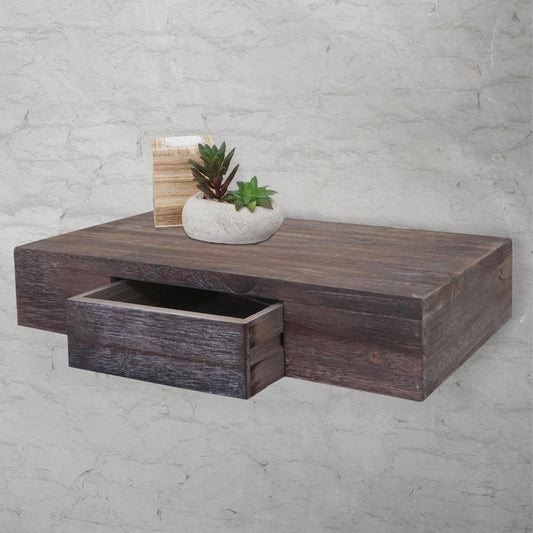 Wandplank Oise, hangplank met lade, 40cm ~ bruin shabby