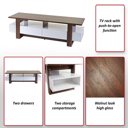 TV-rek MCW-B51, TV-tafel lowboard meubel, 3D structuur hoogglans walnoot look 46x150x45cm