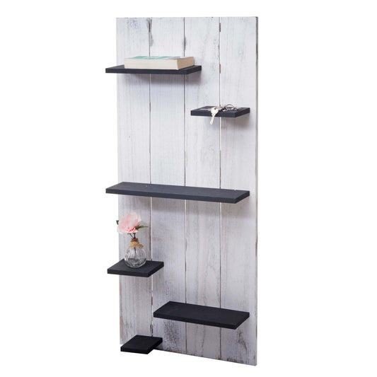 Wandplank MCW-C65, wandpaneel houten plank, 6 niveaus 110x50x14cm massief hout vintage ~ wit/donkergrijs shabby