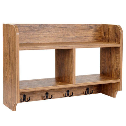 Wandkapstok MCW-C68, kapstokplank, 4 haken 2 planken, 41x60x19cm 3D structuur ~ wild eiken look