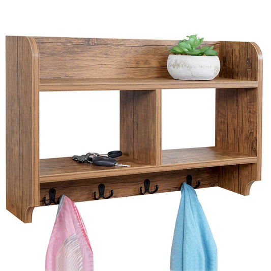 Wandkapstok MCW-C68, kapstokplank, 4 haken 2 planken, 41x60x19cm 3D structuur ~ wild eiken look