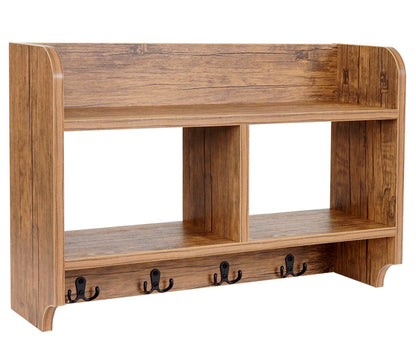 Wandkapstok MCW-C68, kapstokplank, 4 haken 2 planken, 41x60x19cm 3D structuur ~ wild eiken look