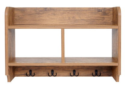 Wandkapstok MCW-C68, kapstokplank, 4 haken 2 planken, 41x60x19cm 3D structuur ~ wild eiken look