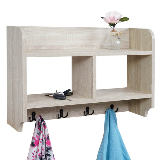 Wandkapstok MCW-C68, kapstokplank, 4 haken 2 planken, 41x60x19cm 3D structuur ~ eiken look