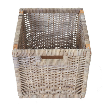Bienne bank, opbergdoos, 3 manden, Kubu rotan vlechtwerk, 112x46x37cm ~ wit