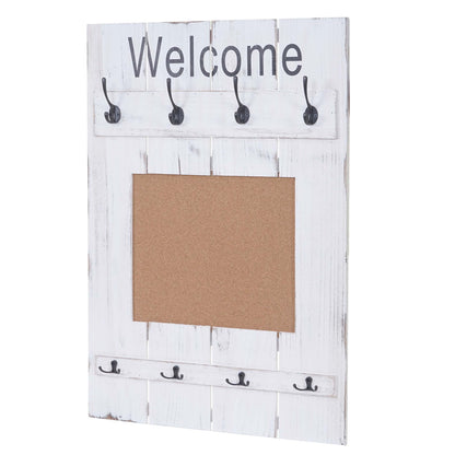 Wandkapstok MCW-C89 met prikbord, kapstokpaneel, shabby look vintage, 8 haken 91x60cm ~ wit, shabby