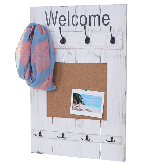 Wandkapstok MCW-C89 met prikbord, kapstokpaneel, shabby look vintage, 8 haken 91x60cm ~ wit, shabby