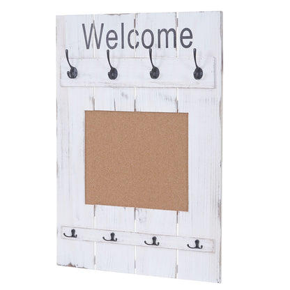 Wandkapstok MCW-C89 met prikbord, kapstokpaneel, shabby look vintage, 8 haken 91x60cm ~ wit, shabby