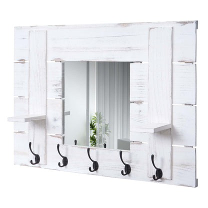 Wandkapstok MCW-C89 met spiegel, kapstok paneel kapstok, shabby look vintage, 5 haken 90x60cm ~ wit, shabby
