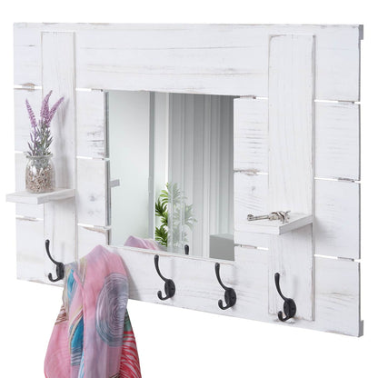 Wandkapstok MCW-C89 met spiegel, kapstok paneel kapstok, shabby look vintage, 5 haken 90x60cm ~ wit, shabby