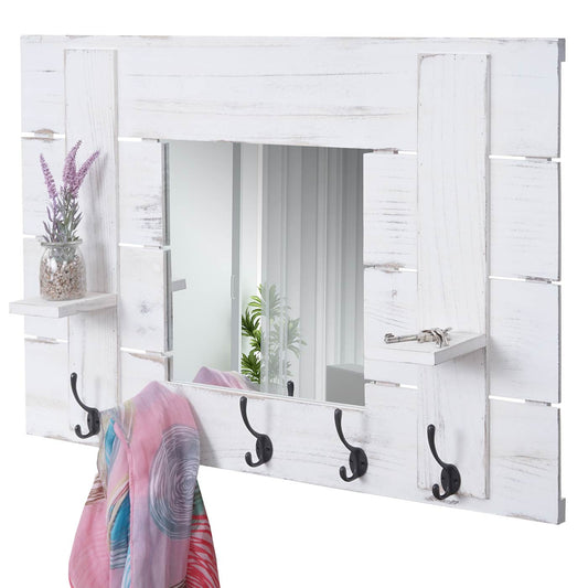 Wandkapstok MCW-C89 met spiegel, kapstok paneel kapstok, shabby look vintage, 5 haken 90x60cm ~ wit, shabby