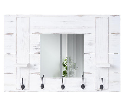 Wandkapstok MCW-C89 met spiegel, kapstok paneel kapstok, shabby look vintage, 5 haken 90x60cm ~ wit, shabby