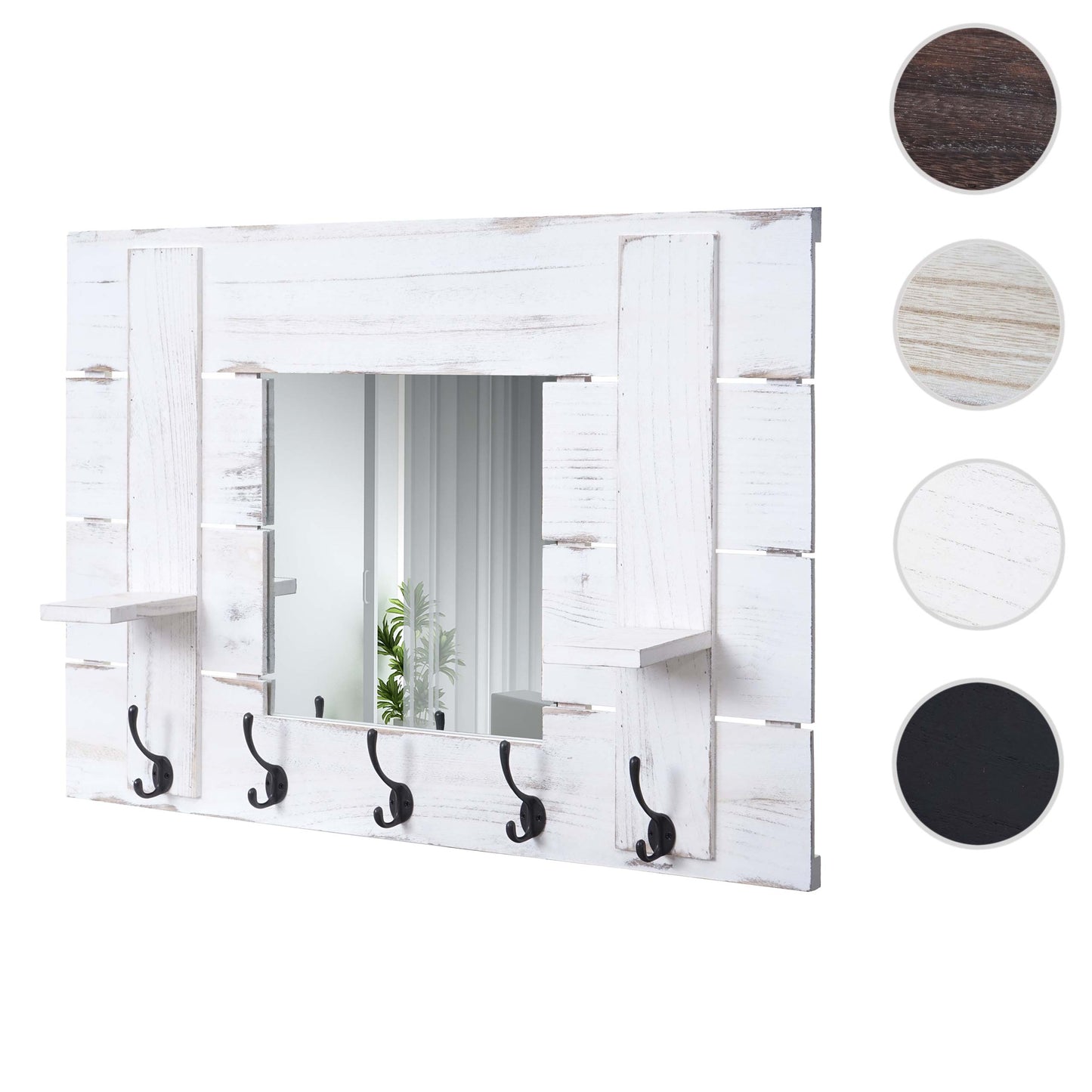 Wandkapstok MCW-C89 met spiegel, kapstok paneel kapstok, shabby look vintage, 5 haken 90x60cm ~ wit, shabby
