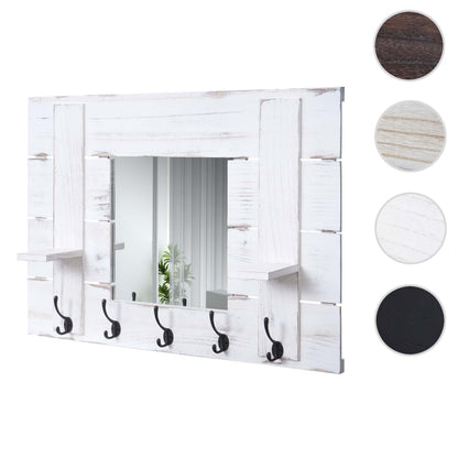 Wandkapstok MCW-C89 met spiegel, kapstok paneel kapstok, shabby look vintage, 5 haken 90x60cm ~ wit, shabby