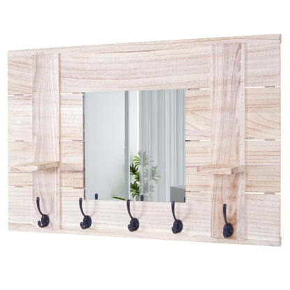 Wandkapstok MCW-C89 met spiegel, kapstokpaneel, shabby look vintage, 5 haken 90x60cm ~ natuurlijk bruin