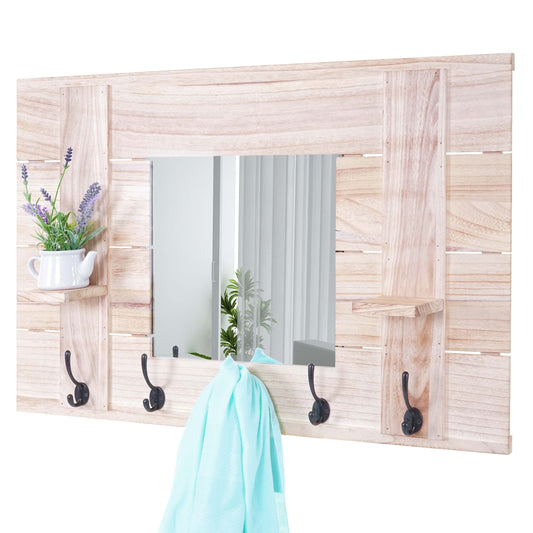 Wandkapstok MCW-C89 met spiegel, kapstokpaneel, shabby look vintage, 5 haken 90x60cm ~ natuurlijk bruin