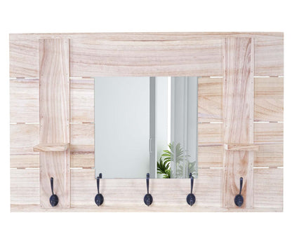 Wandkapstok MCW-C89 met spiegel, kapstokpaneel, shabby look vintage, 5 haken 90x60cm ~ natuurlijk bruin