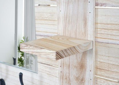 Wandkapstok MCW-C89 met spiegel, kapstokpaneel, shabby look vintage, 5 haken 90x60cm ~ natuurlijk bruin