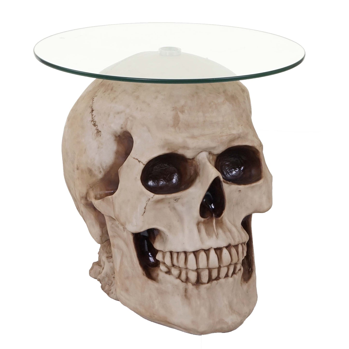 Bijzettafel schedel MCW-A19, glazen tafel woonkamertafel salontafel schedel, polyresin rond Ø55cm naturel